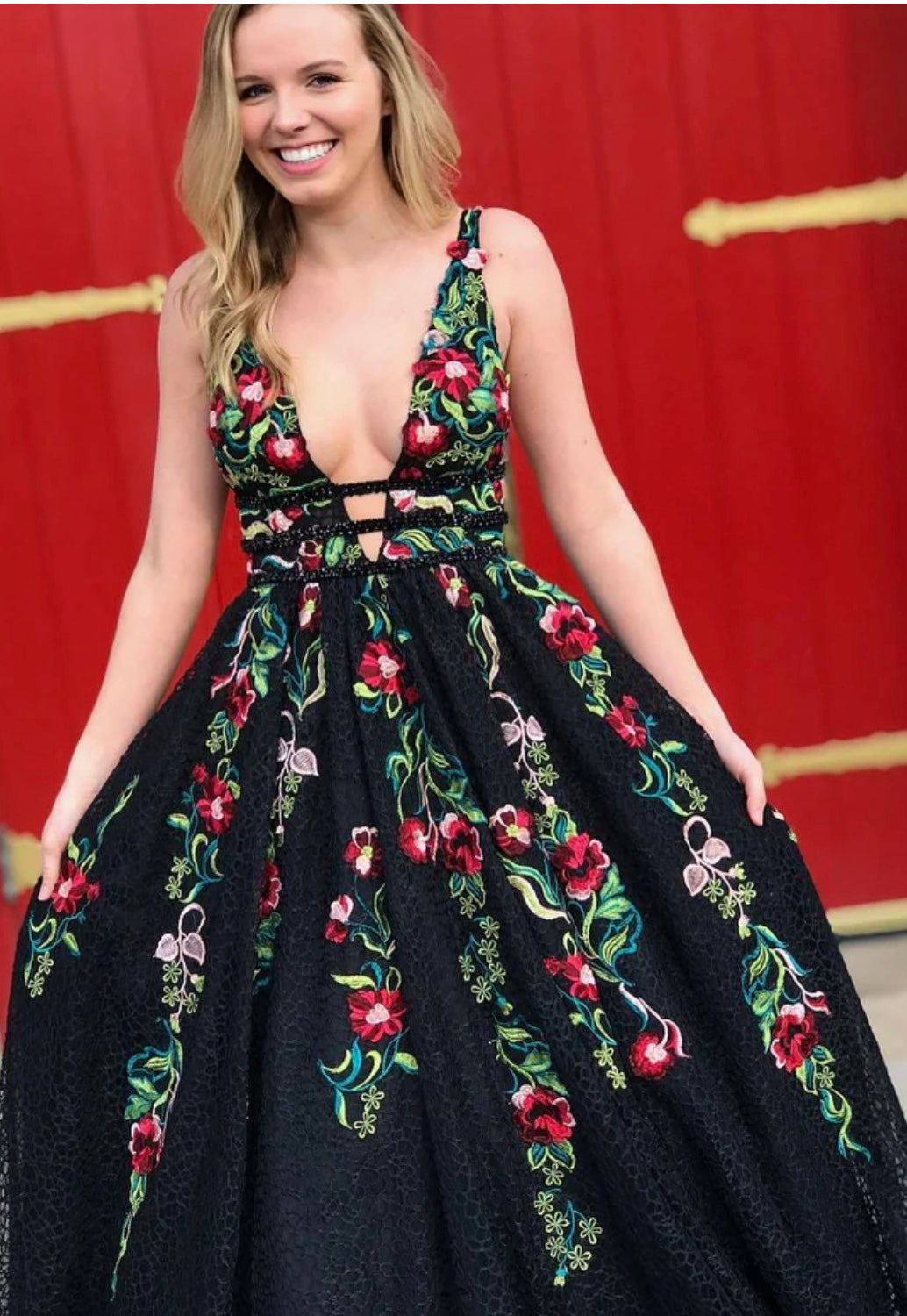 Jovani - Red/Black Flower Dress (Size 14) image 5