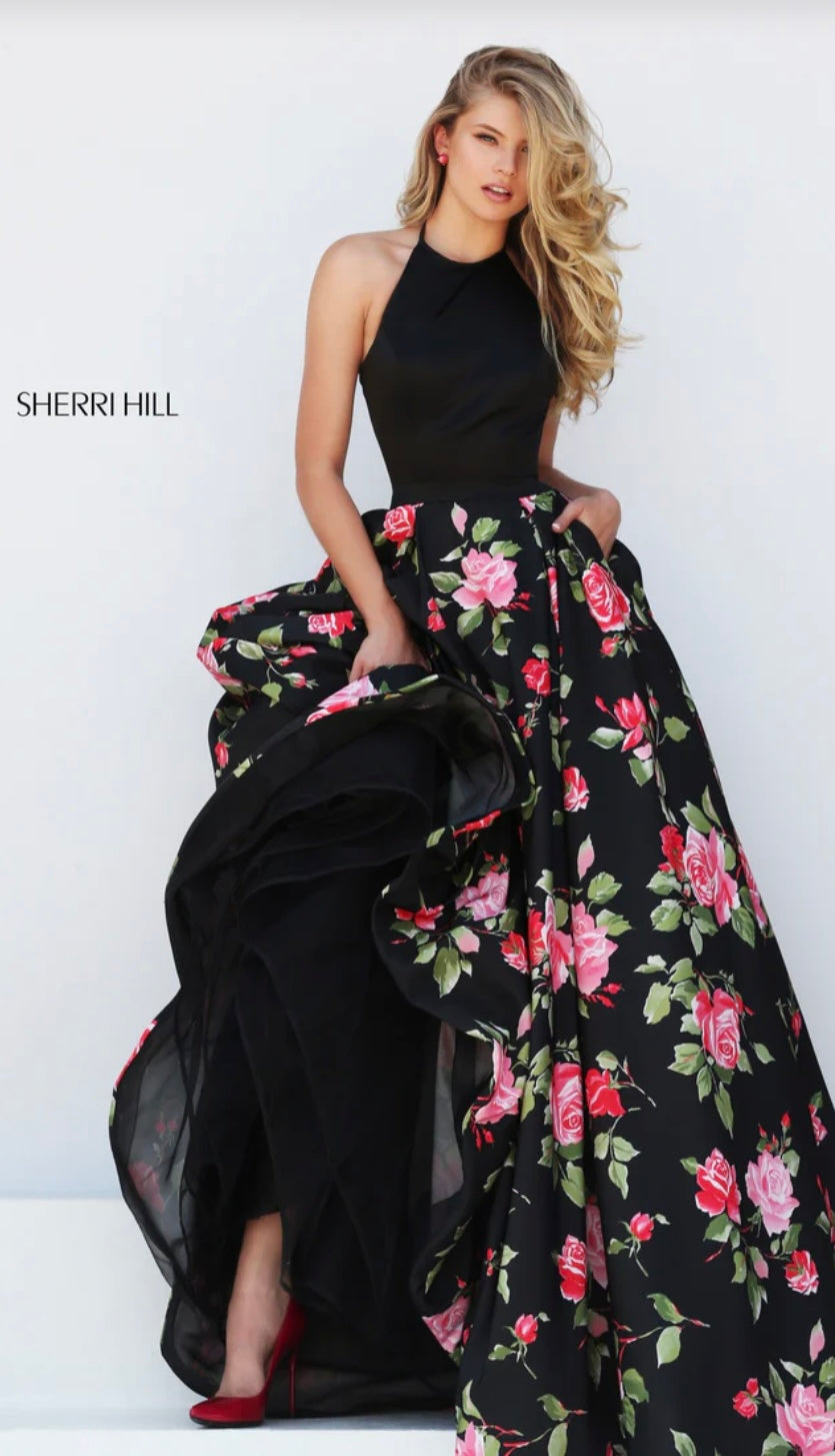 Sherri Hill #50333 Black w/Flowers - (Size 6)
