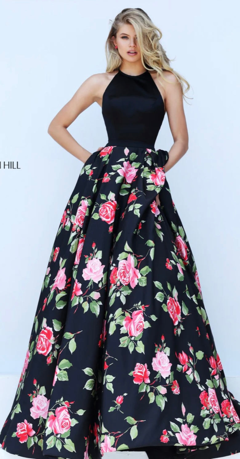 Sherri Hill #50333 Black w/Flowers - (Size 6)