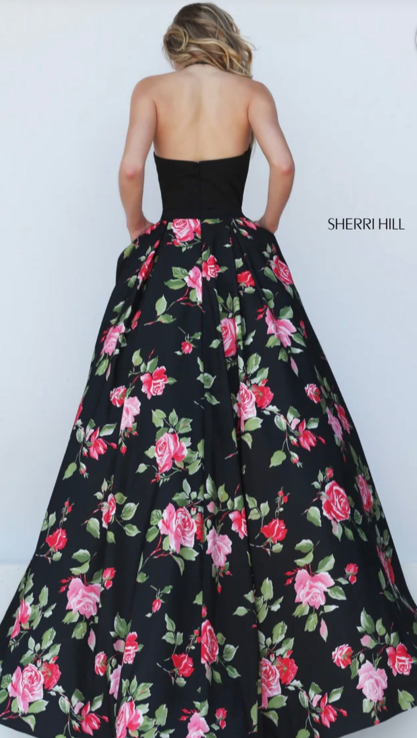 Sherri Hill #50333 Black w/Flowers - (Size 6)