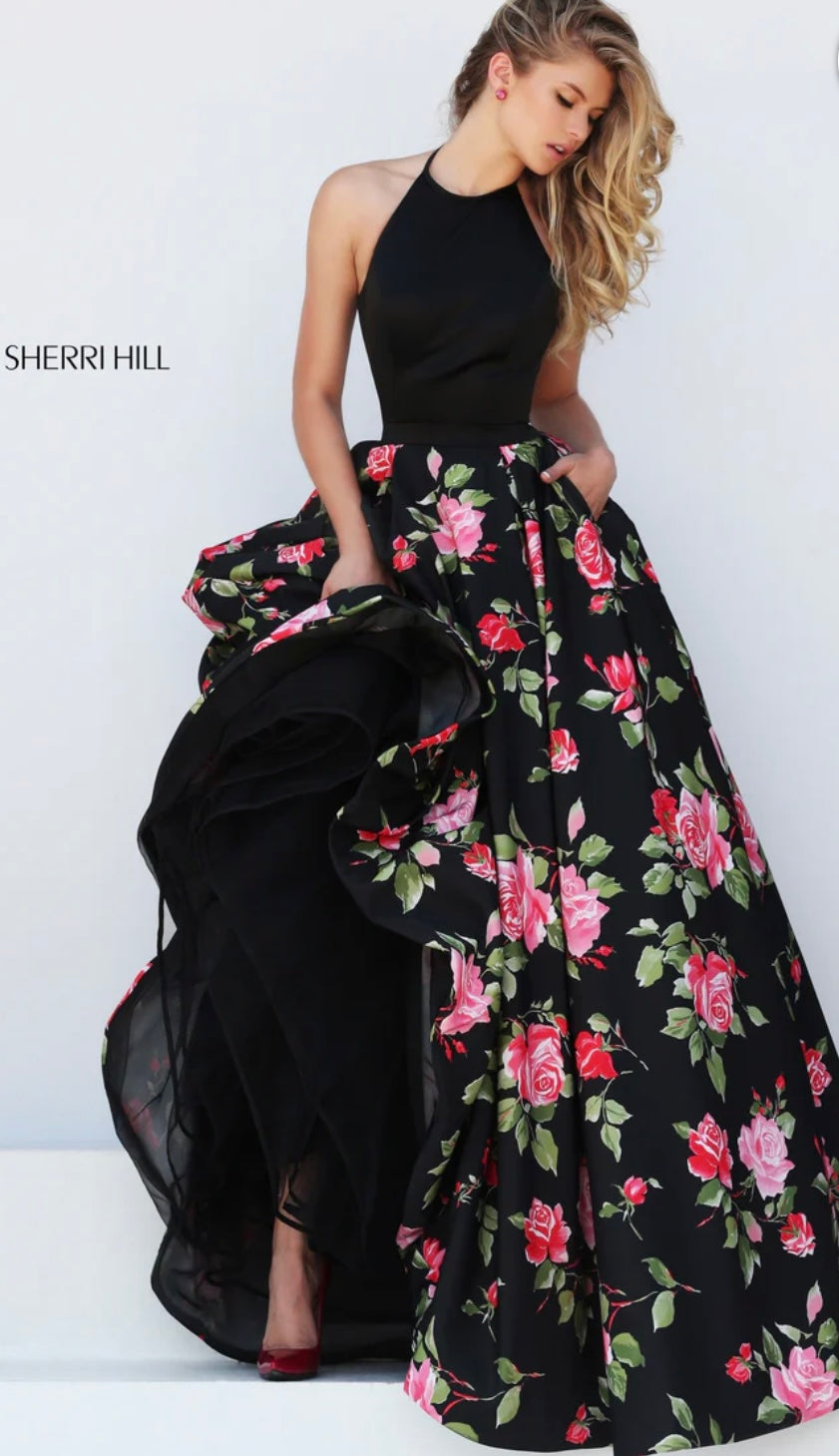 Sherri Hill #50333 Black w/Flowers - (Size 6)